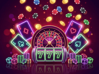 Banner premium de casino online con slots y fichas doradas